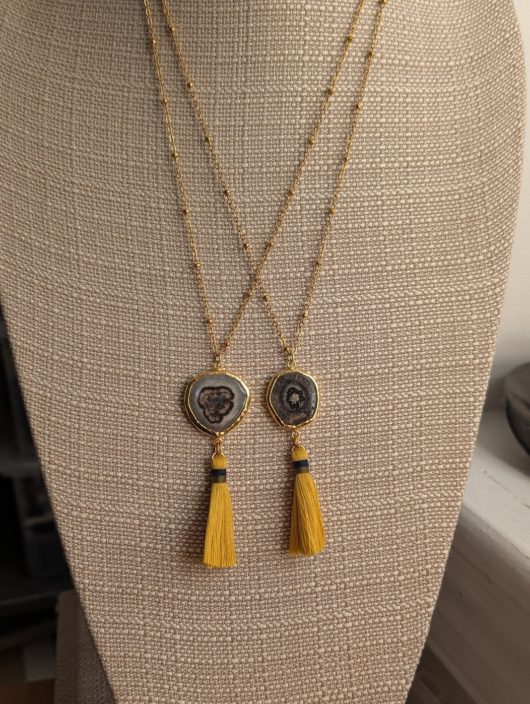 Agate Slice with Yellow Tassel Gold Necklace (Various Options Available)