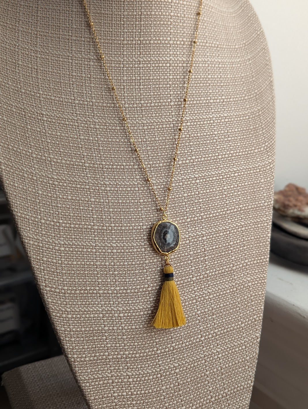 Agate Slice with Yellow Tassel Gold Necklace (Various Options Available)