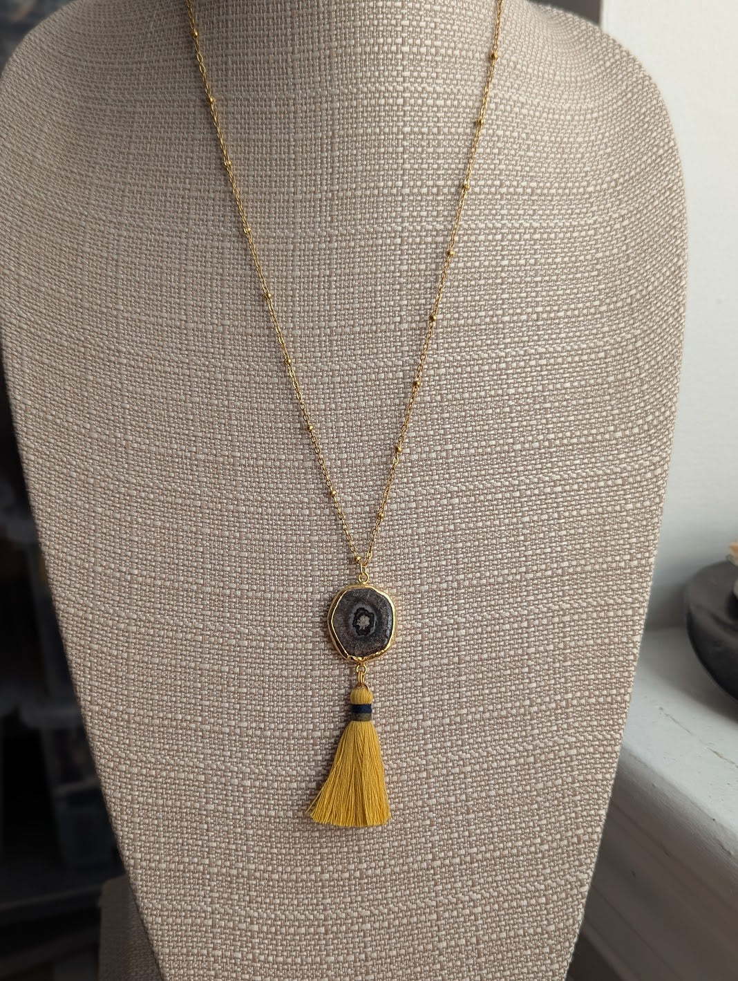 Agate Slice with Yellow Tassel Gold Necklace (Various Options Available)