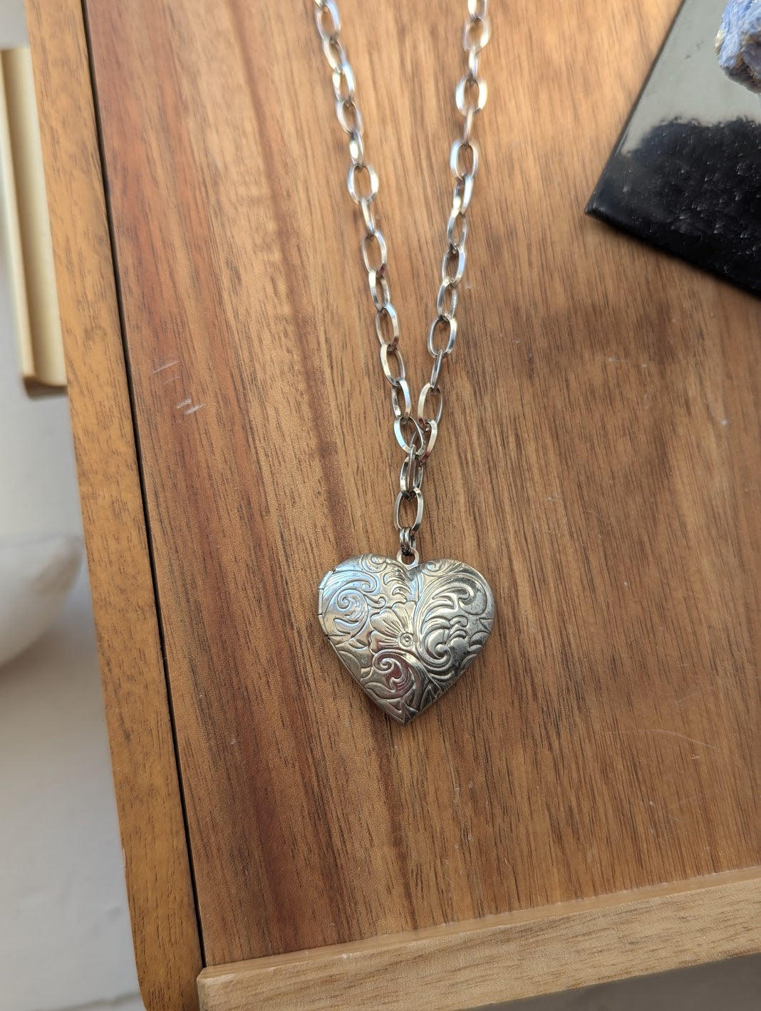 Large Silver Etched Heart Locket