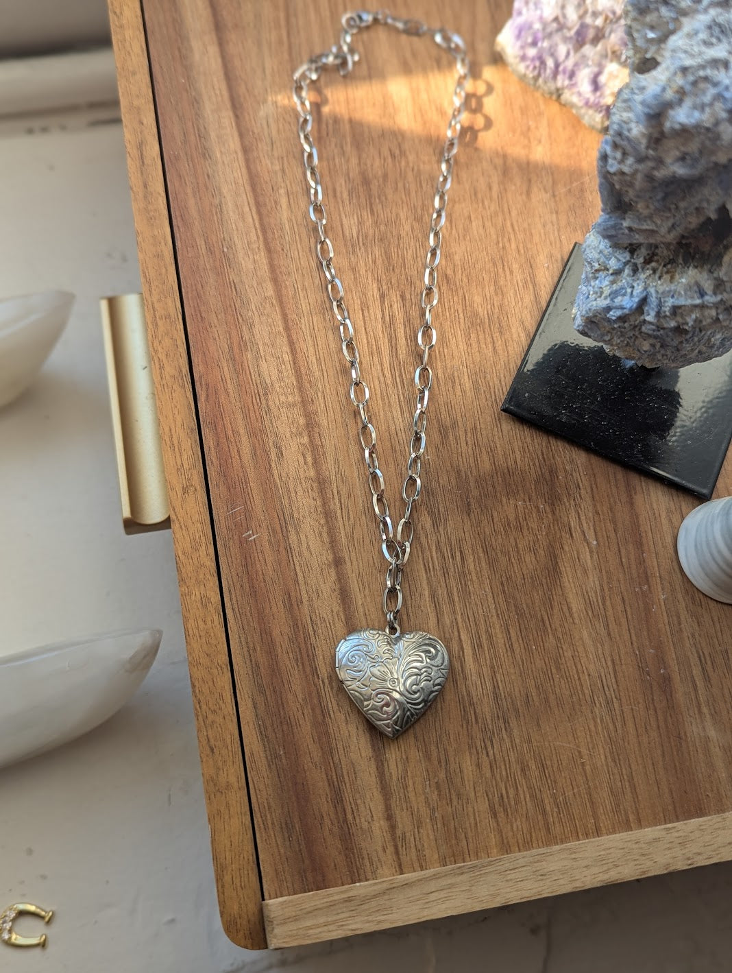 Large Silver Etched Heart Locket