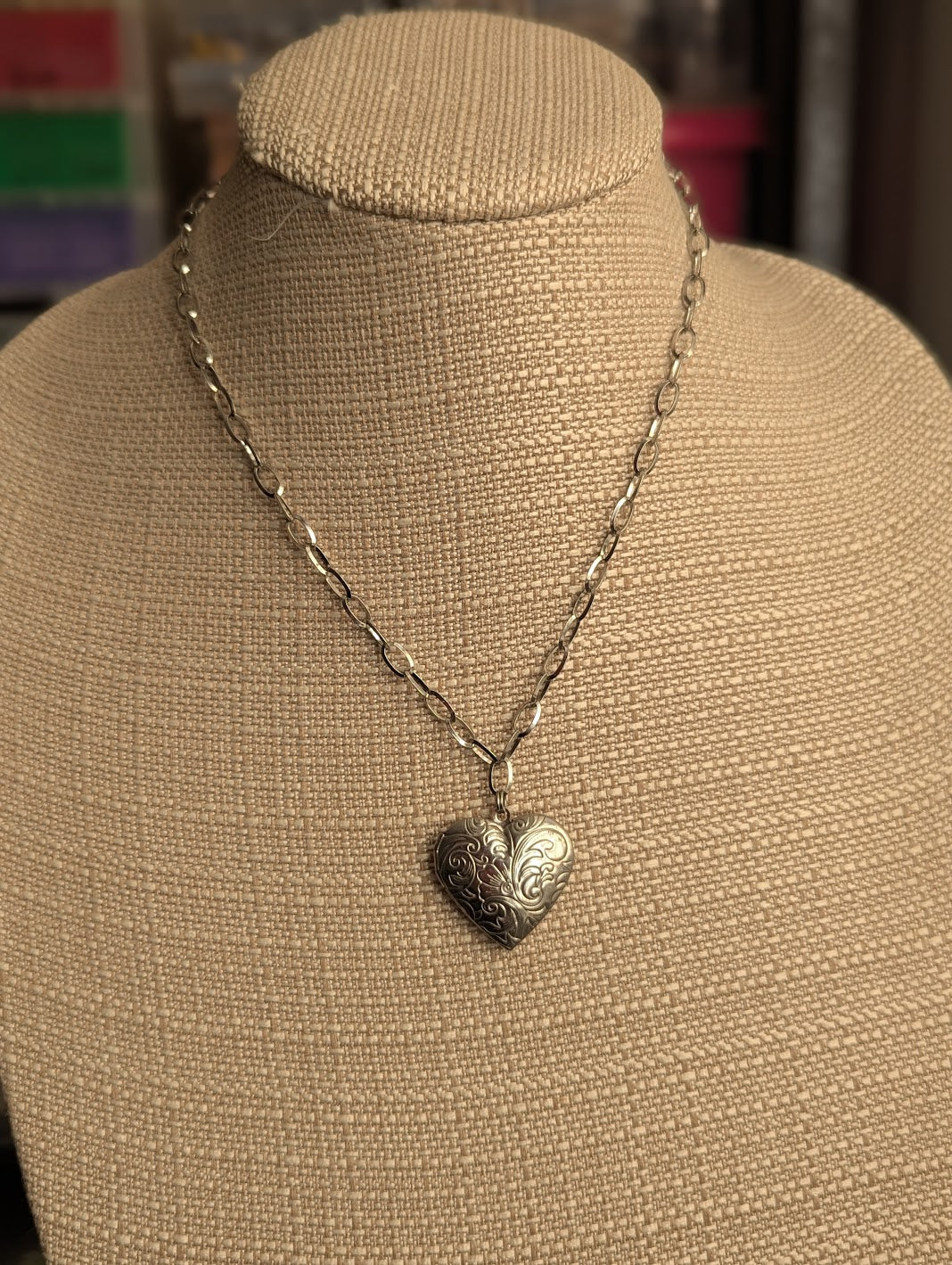Large Silver Etched Heart Locket