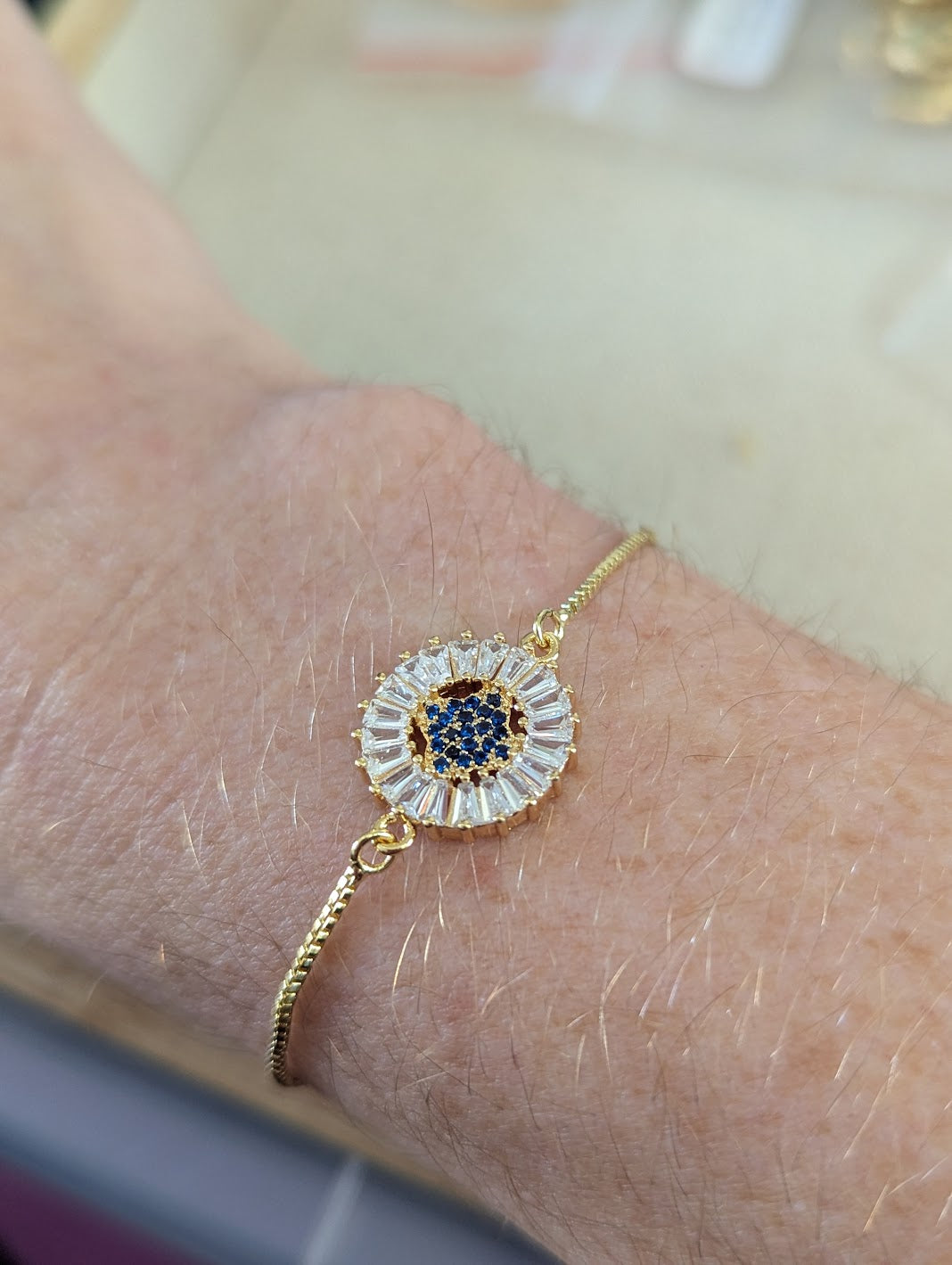 Blue and Clear Crystal Gold Slider Bracelet