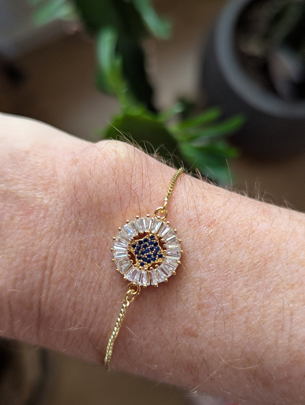 Blue and Clear Crystal Gold Slider Bracelet