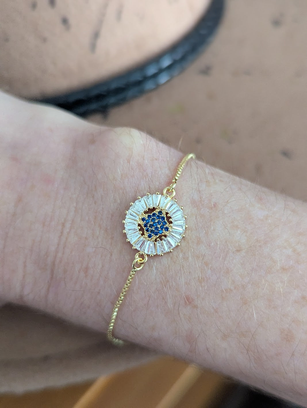 Blue and Clear Crystal Gold Slider Bracelet