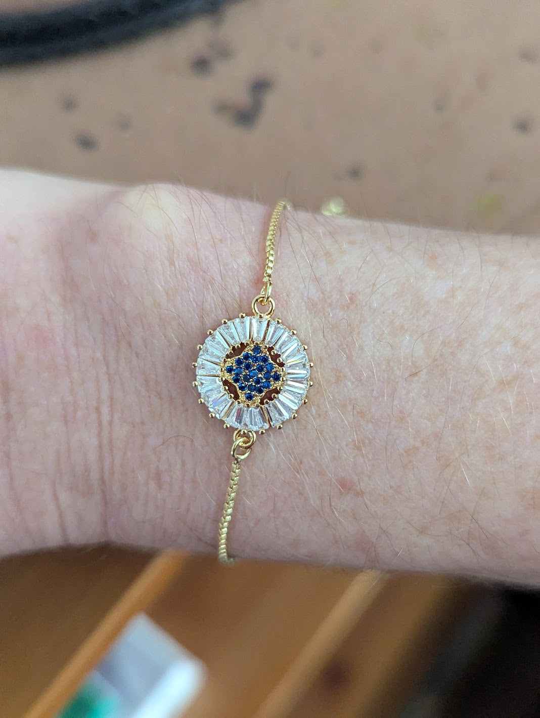 Blue and Clear Crystal Gold Slider Bracelet