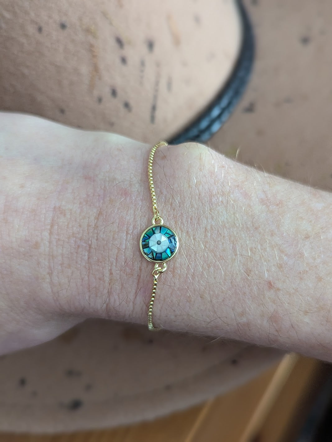 Abalone and Mother of Pearl Evil Eye Gold Slider Bracelet