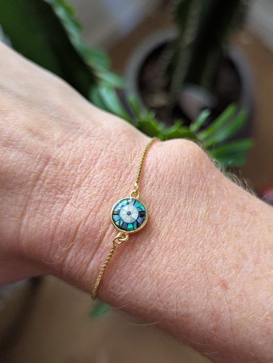 Abalone and Mother of Pearl Evil Eye Gold Slider Bracelet