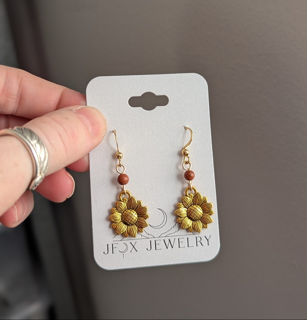 Gold Sunflower Red Goldstone Earrings