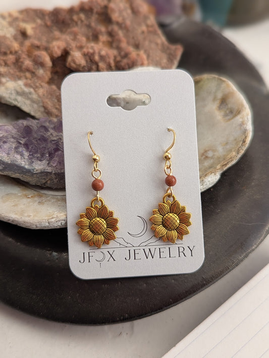 Gold Sunflower Red Goldstone Earrings