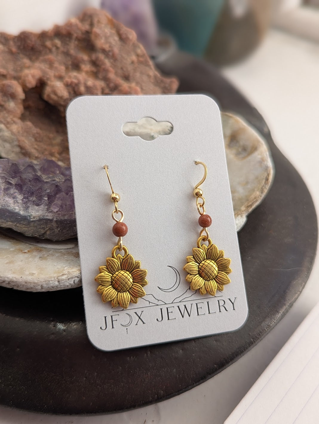 Gold Sunflower Red Goldstone Earrings