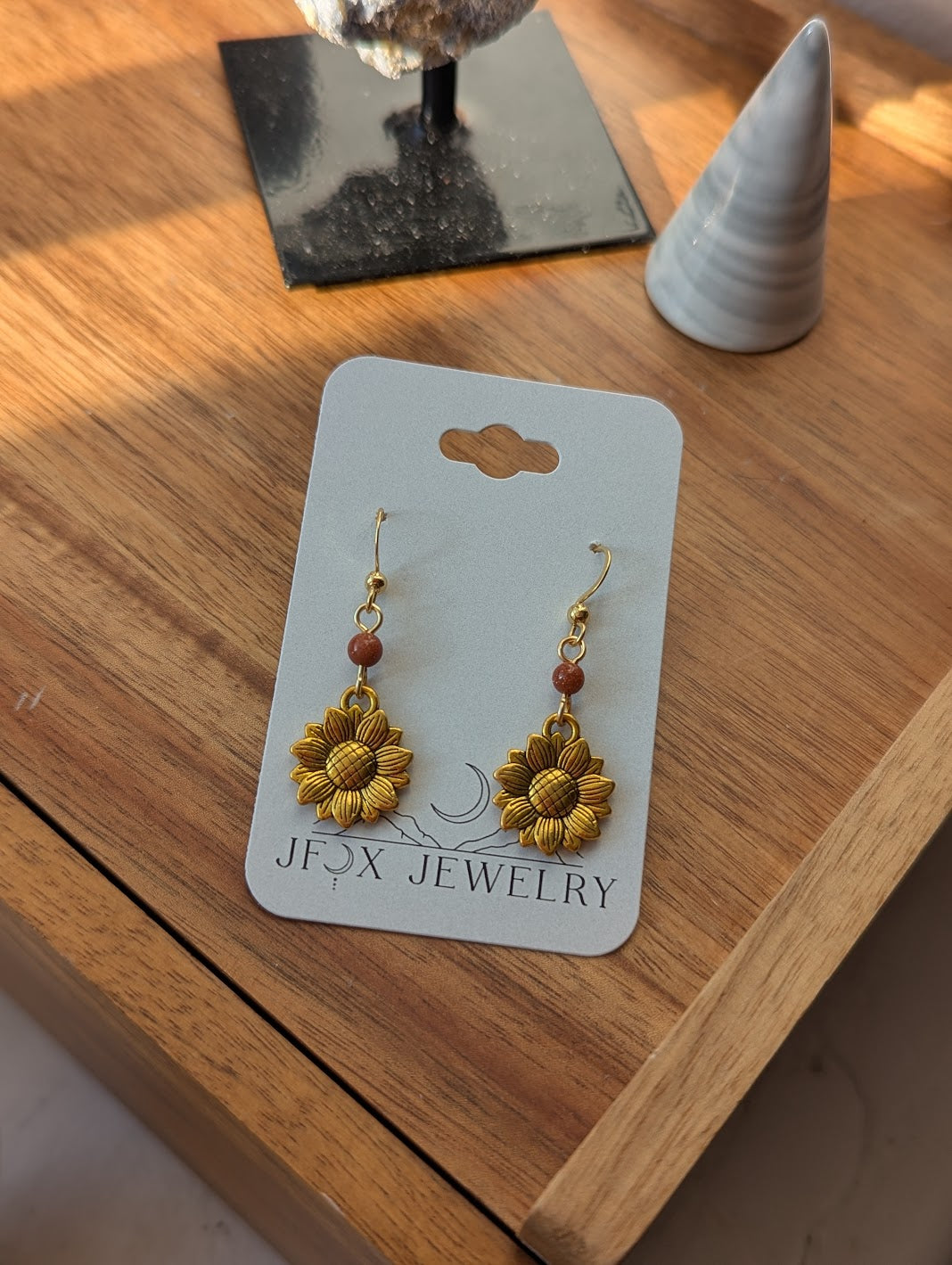 Gold Sunflower Red Goldstone Earrings