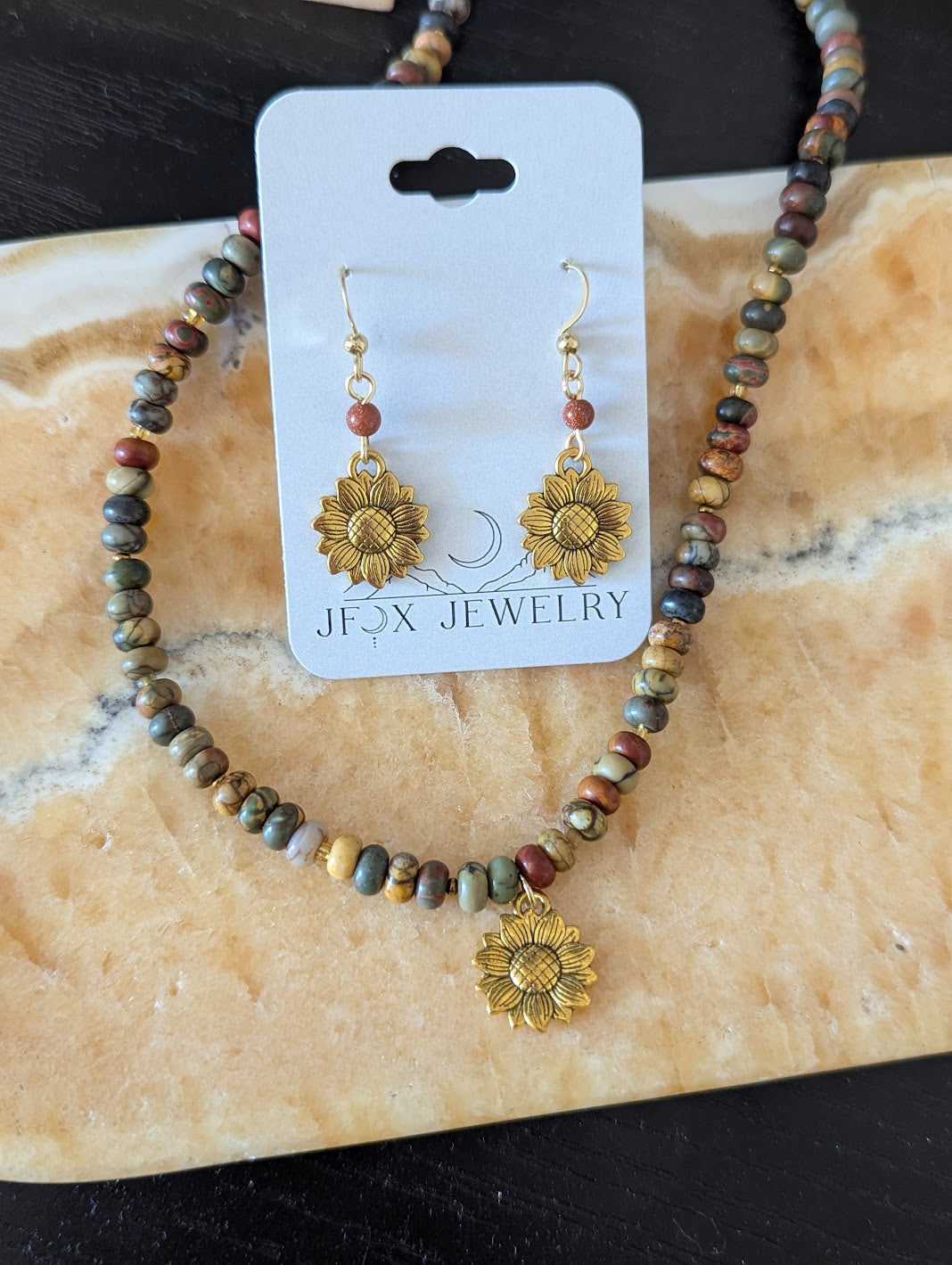 Gold Sunflower Red Goldstone Earrings