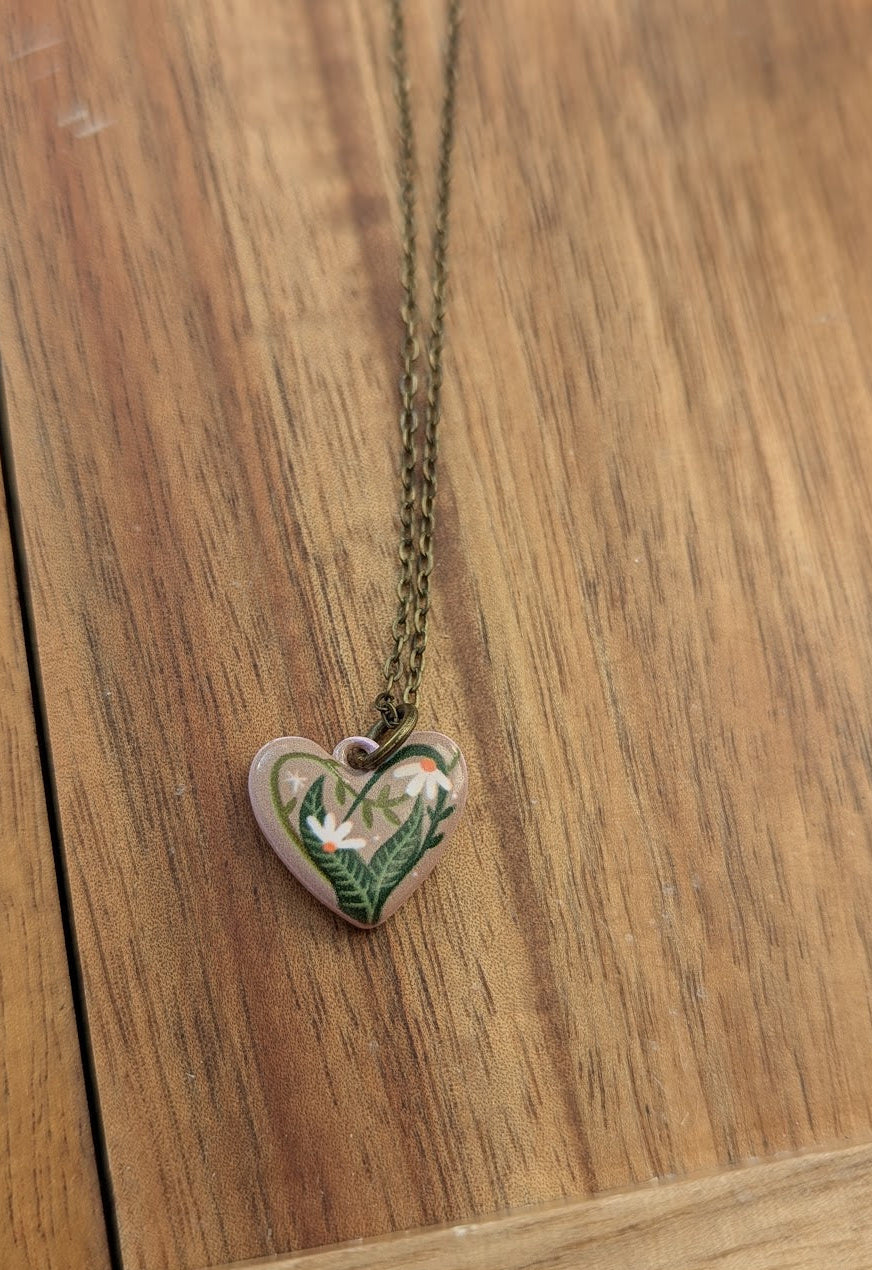 Ceramic Painted Floral Heart Brass Necklace