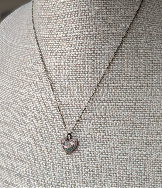 Ceramic Painted Floral Heart Brass Necklace