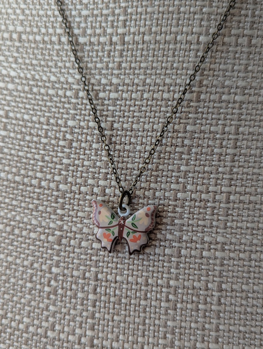 Ceramic Painted Floral Butterfly Brass Necklace