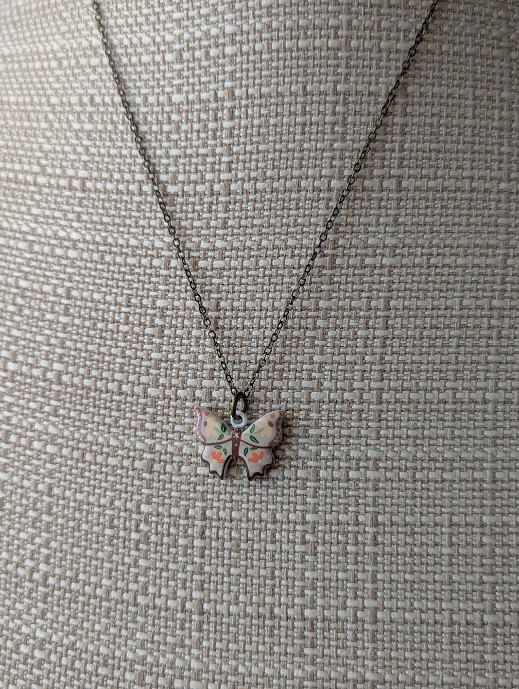 Ceramic Painted Floral Butterfly Brass Necklace