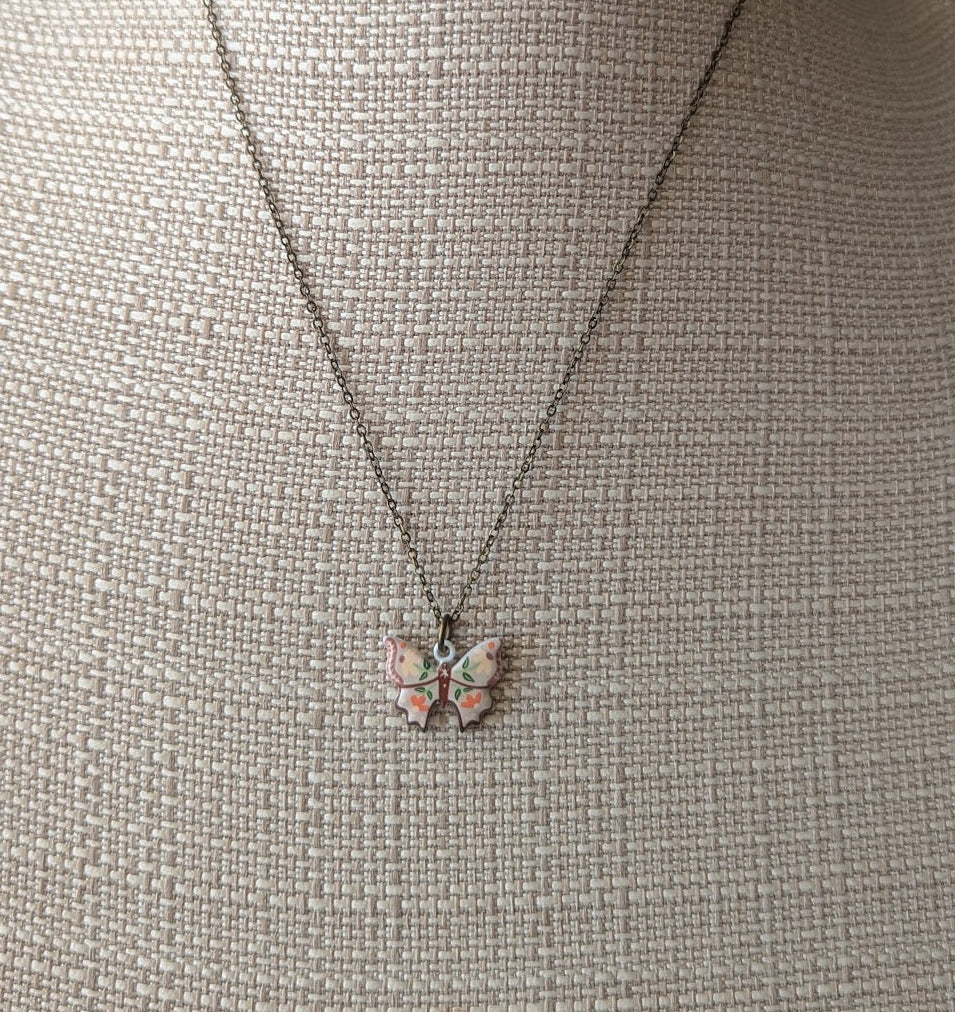 Ceramic Painted Floral Butterfly Brass Necklace