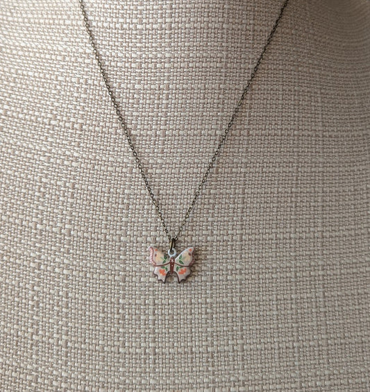 Ceramic Painted Floral Butterfly Brass Necklace