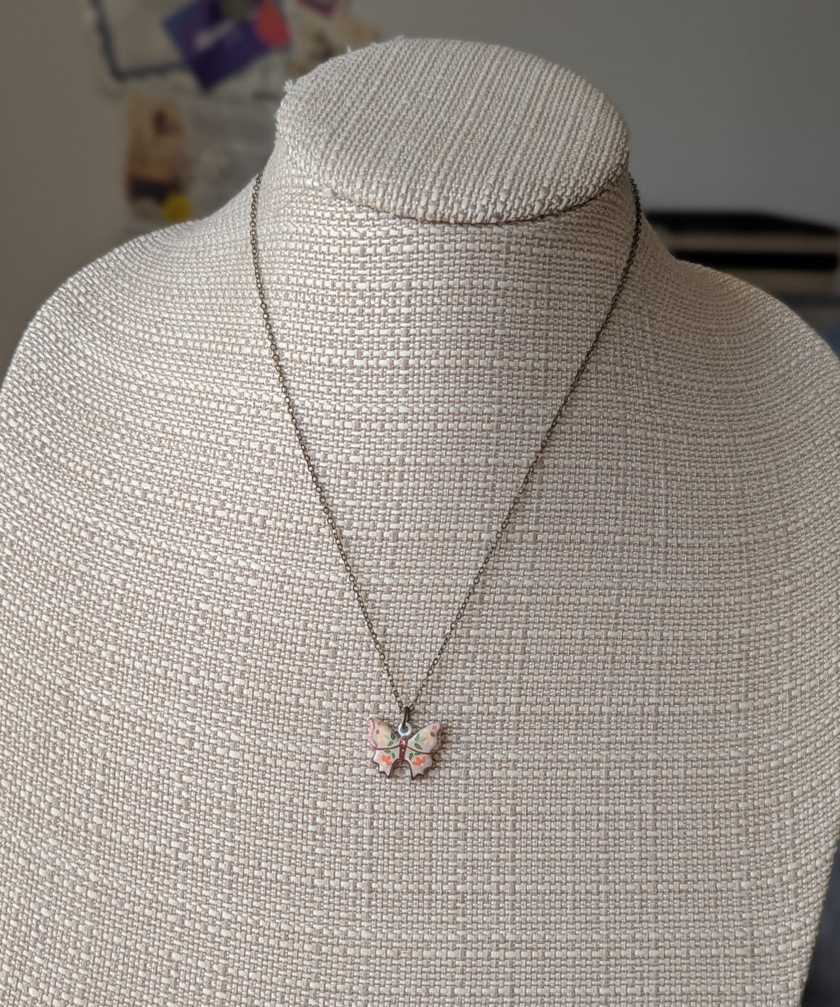 Ceramic Painted Floral Butterfly Brass Necklace
