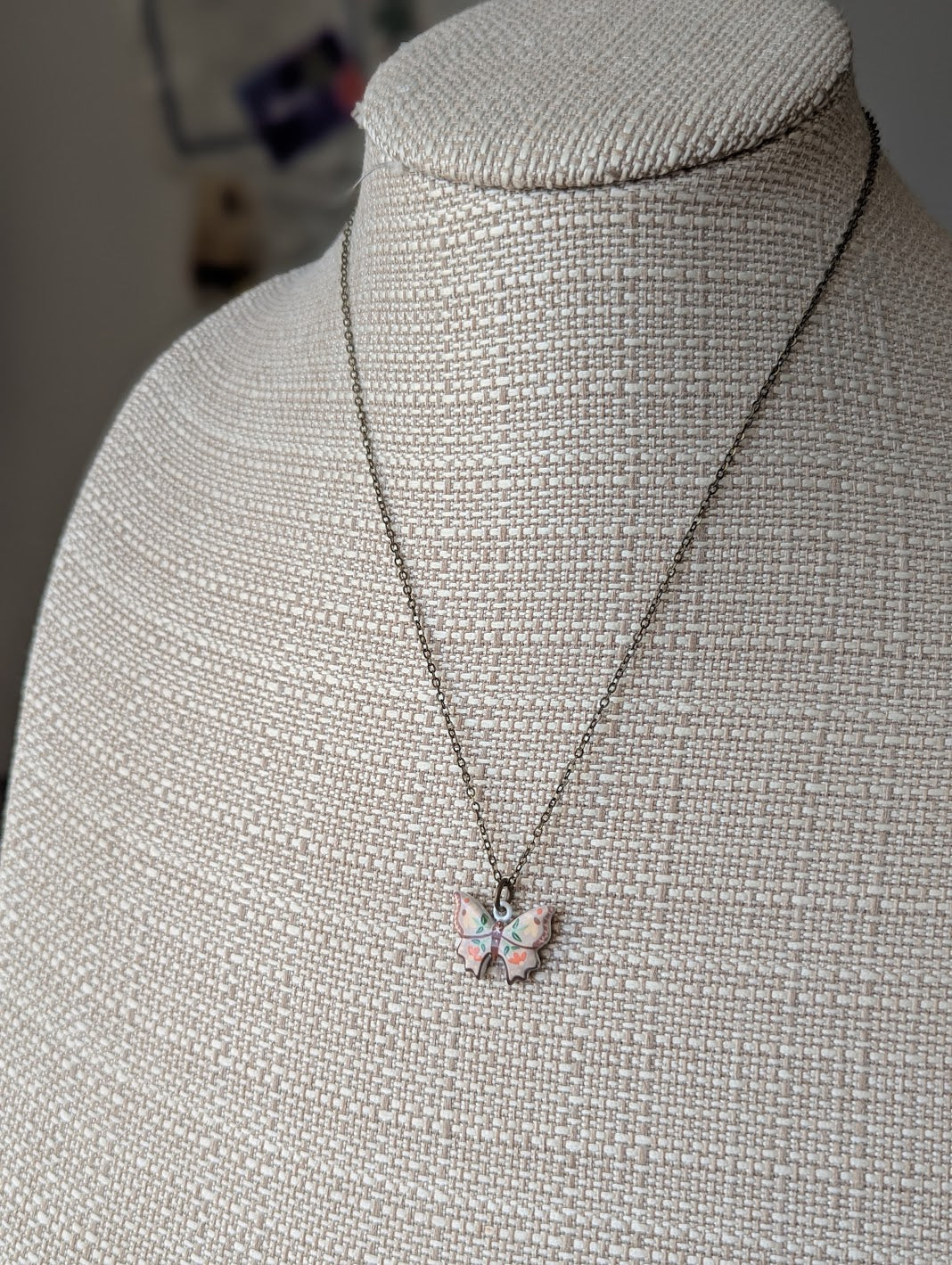 Ceramic Painted Floral Butterfly Brass Necklace