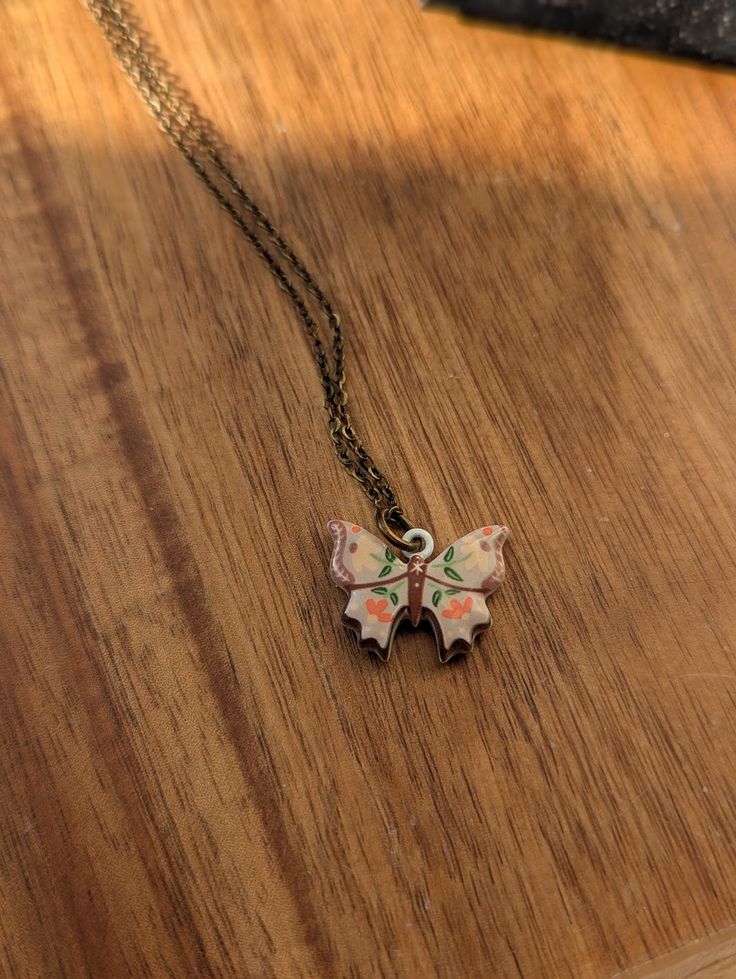 Ceramic Painted Floral Butterfly Brass Necklace