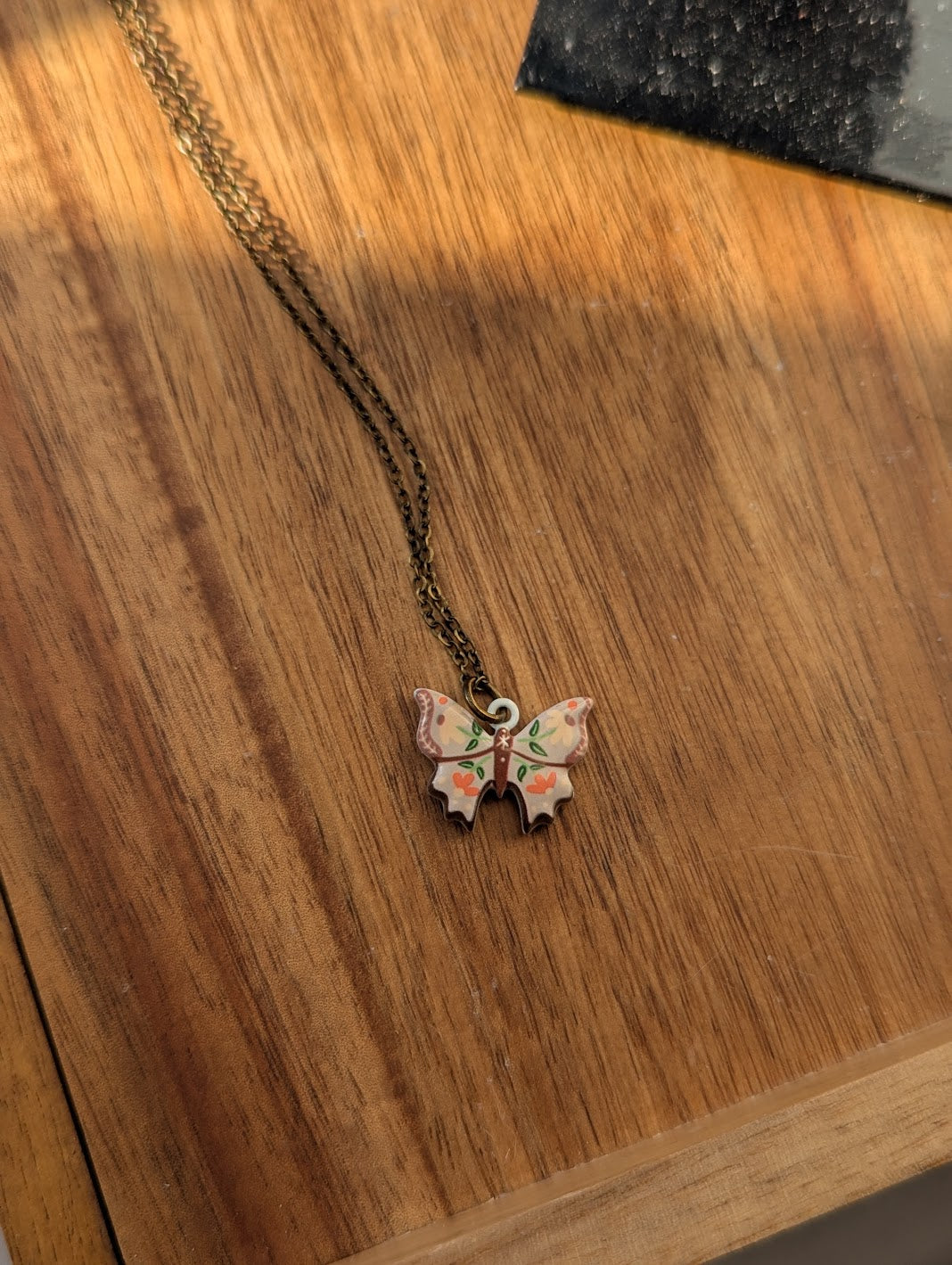 Ceramic Painted Floral Butterfly Brass Necklace