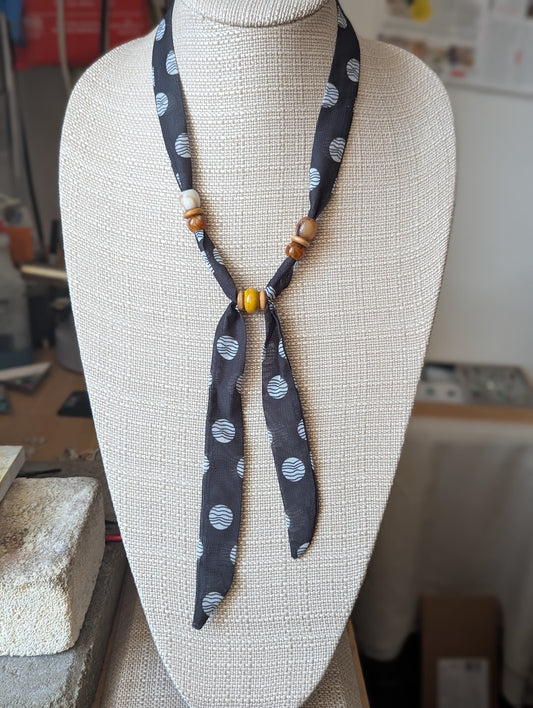 Black Polka Dot Scarf Wooden Bead Adjustable Necklace