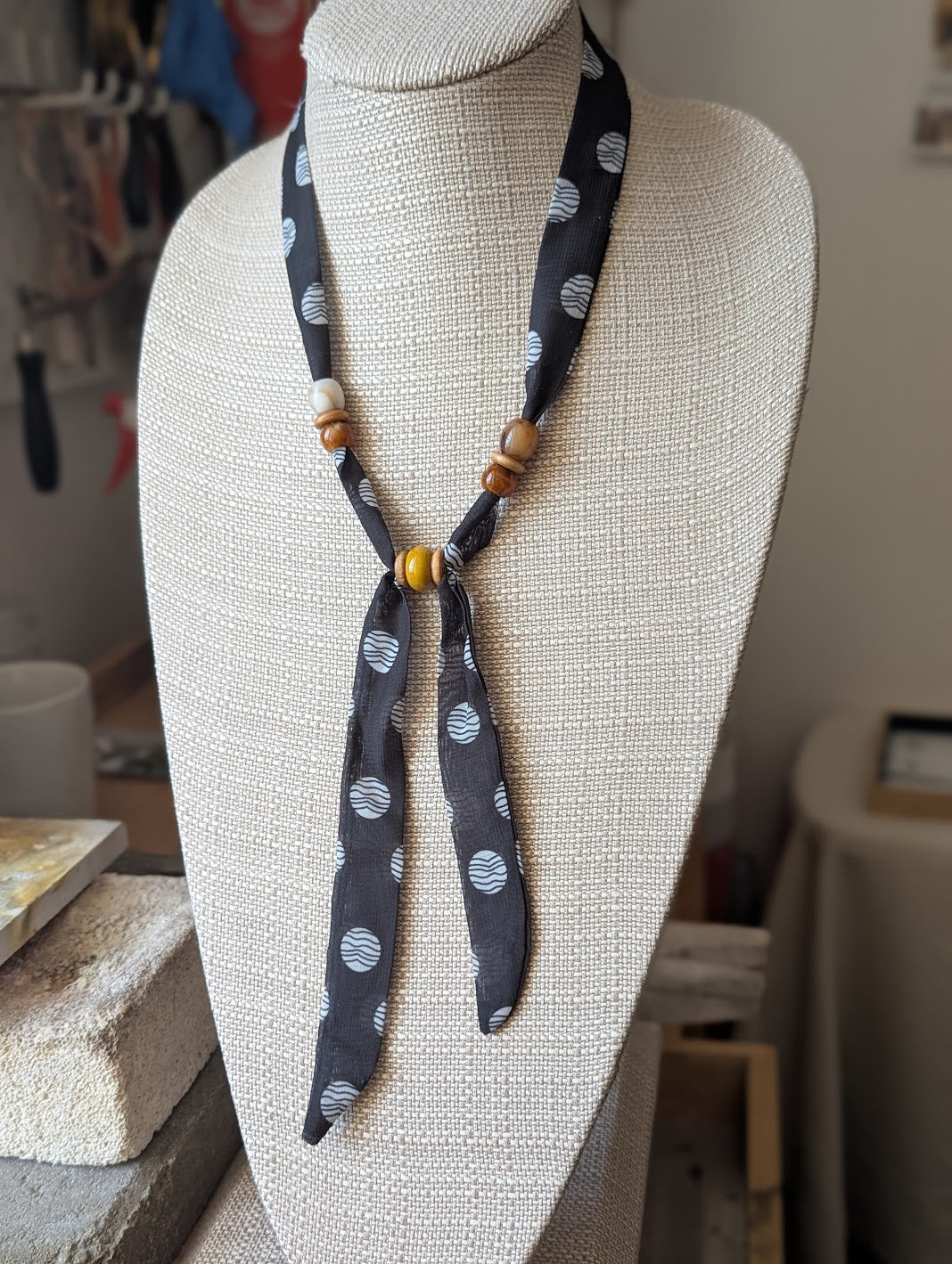 Black Polka Dot Scarf Wooden Bead Adjustable Necklace