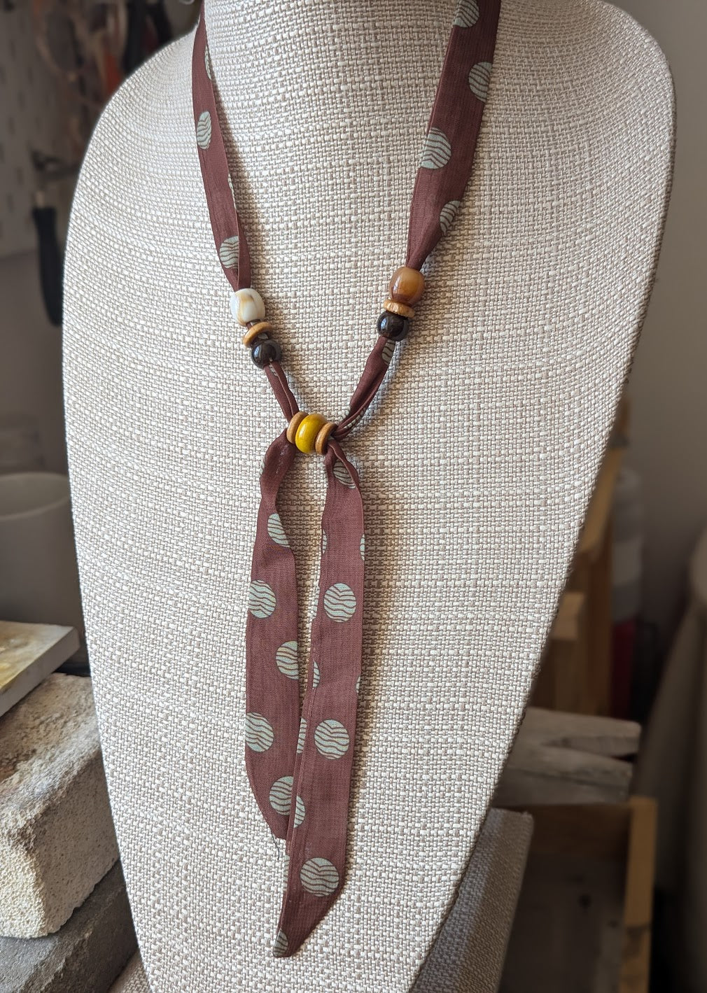 Brown Polka Dot Scarf Wooden Bead Adjustable Necklace