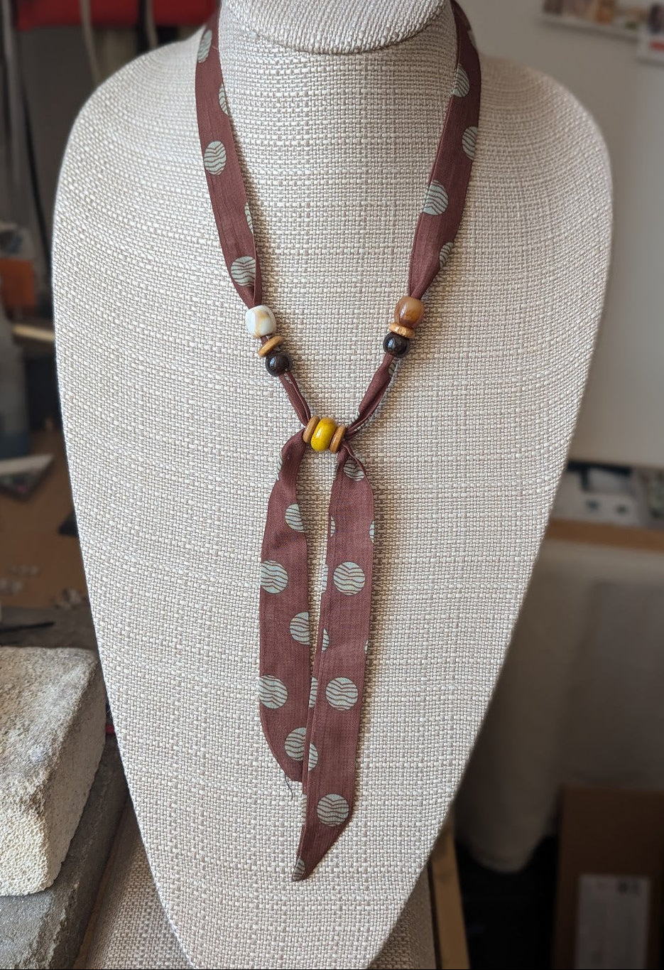 Brown Polka Dot Scarf Wooden Bead Adjustable Necklace