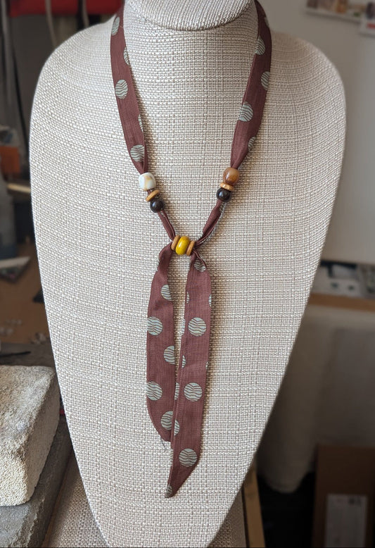 Brown Polka Dot Scarf Wooden Bead Adjustable Necklace