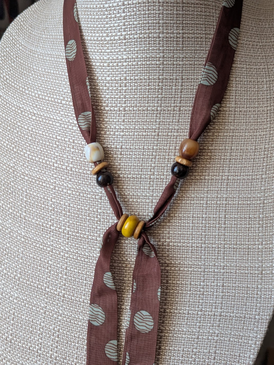 Brown Polka Dot Scarf Wooden Bead Adjustable Necklace