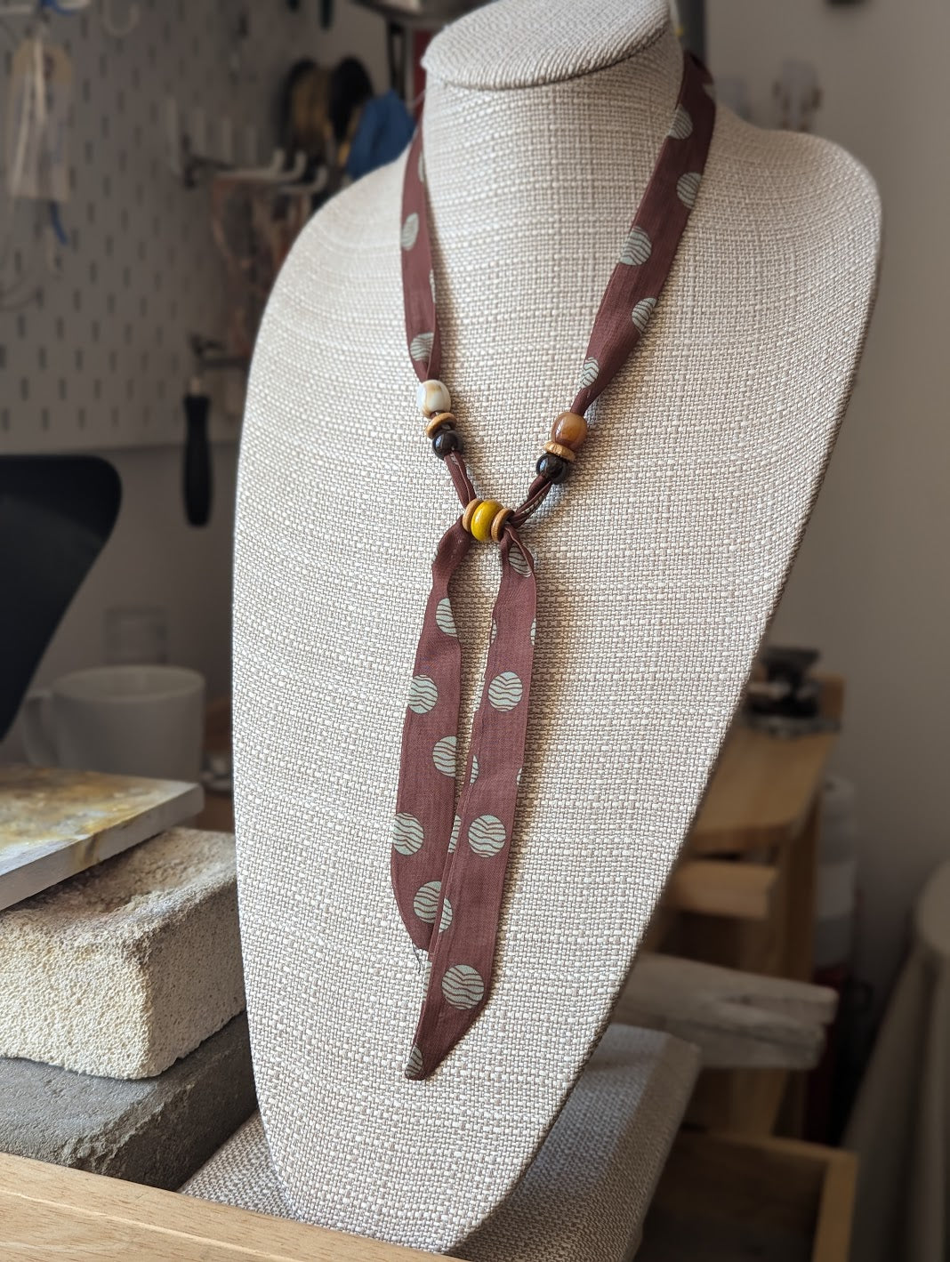 Brown Polka Dot Scarf Wooden Bead Adjustable Necklace