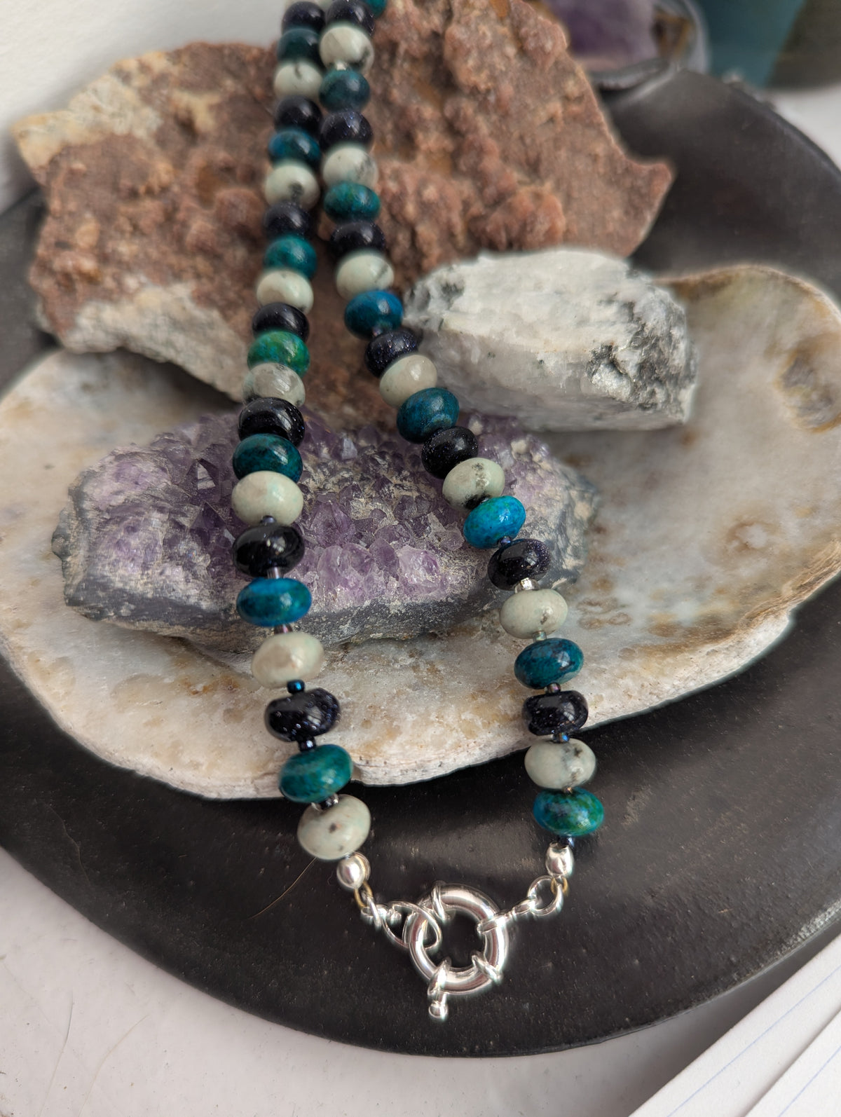 Sesame Jasper, Azurite, Blue Goldstone Beaded Necklace