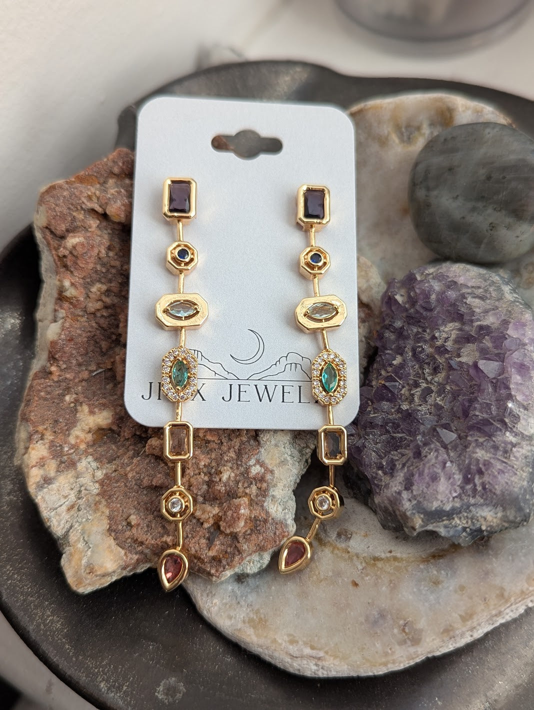 Bohemian Multi Gemstone Drop Statement Earrings