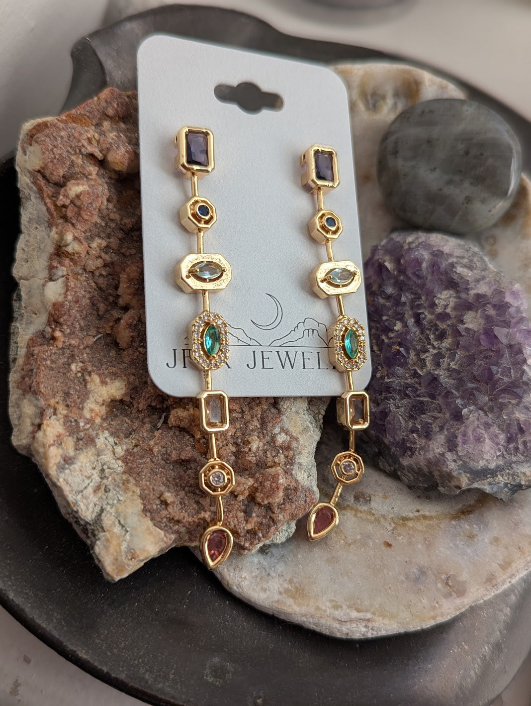 Bohemian Multi Gemstone Drop Statement Earrings