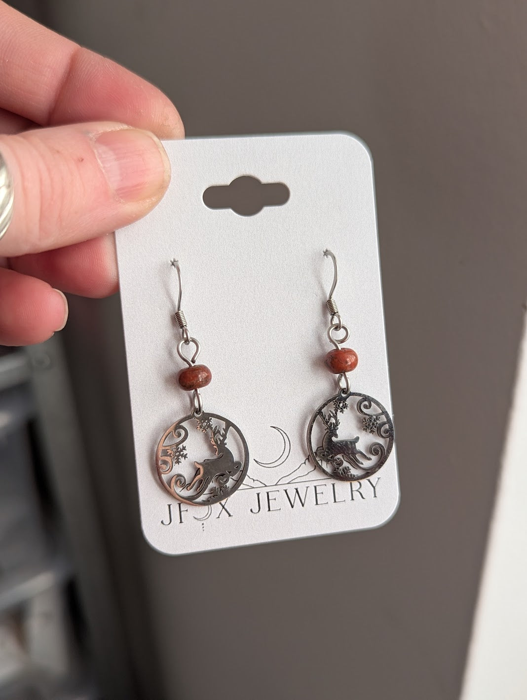 Silver Reindeer Red Jasper Earrings