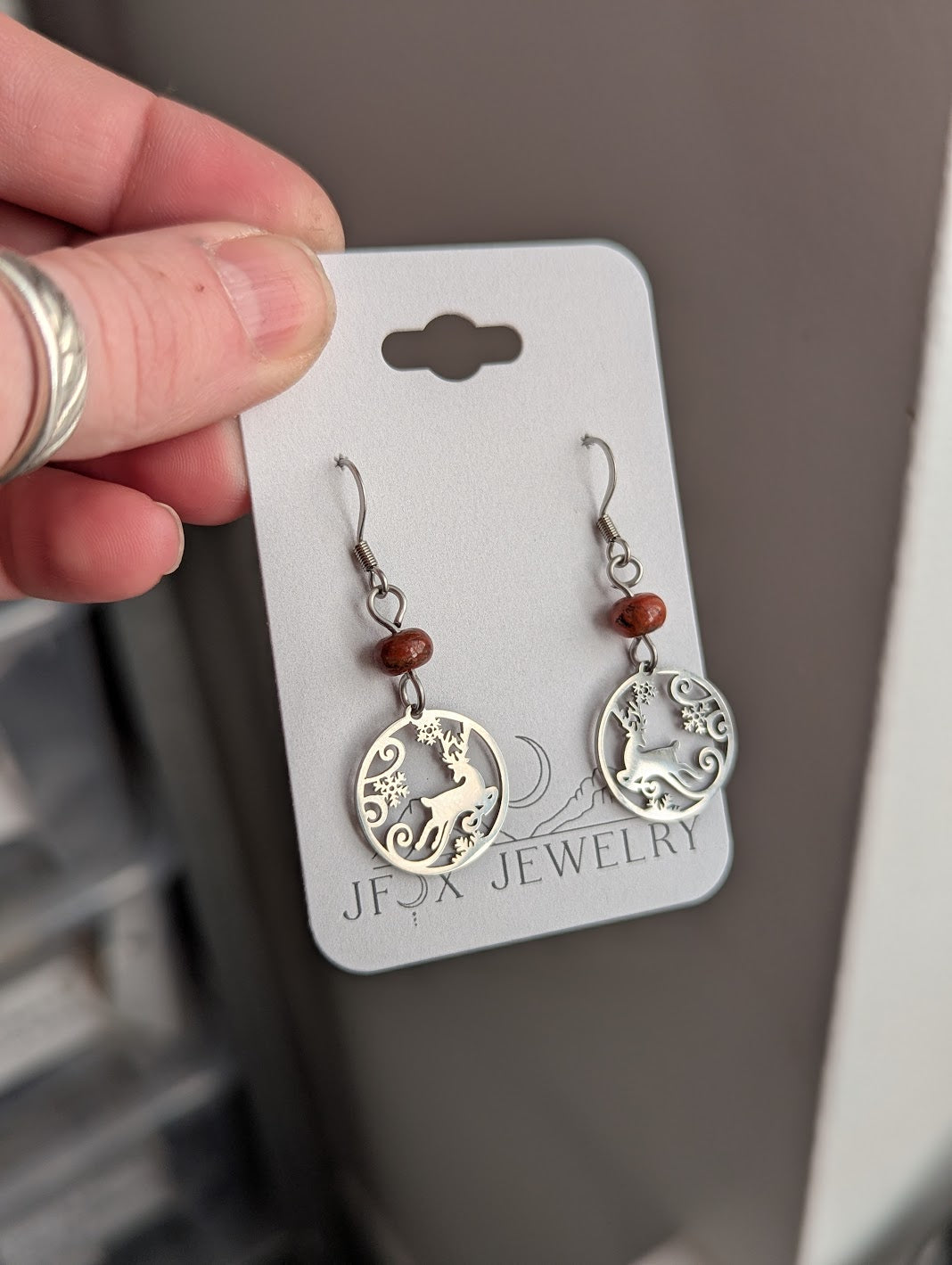 Silver Reindeer Red Jasper Earrings