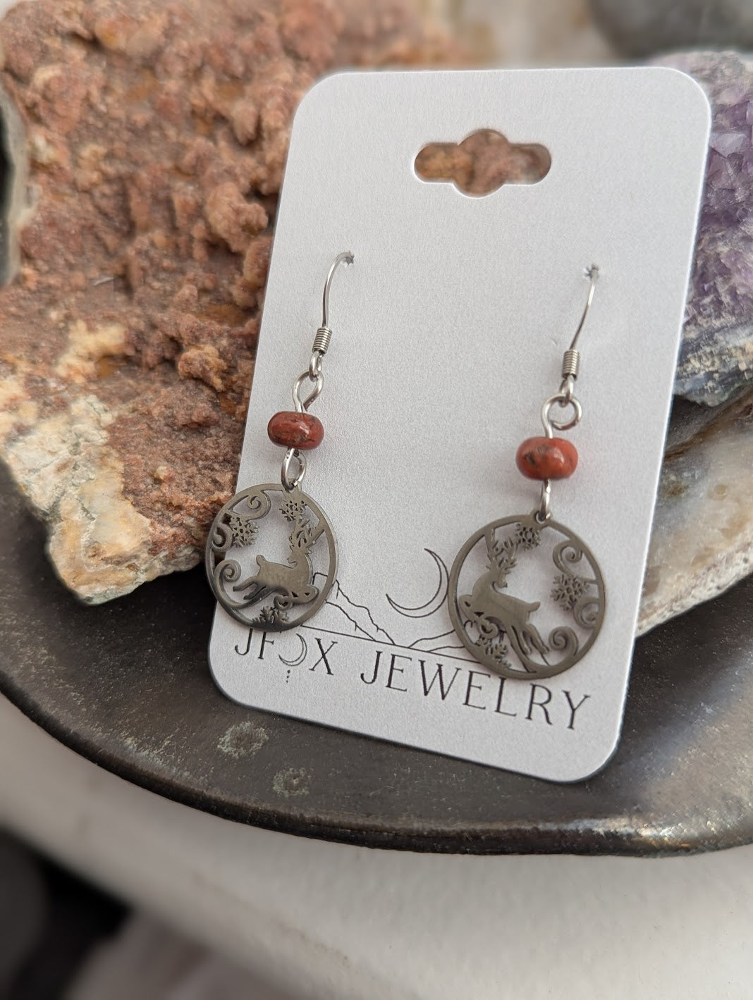 Silver Reindeer Red Jasper Earrings