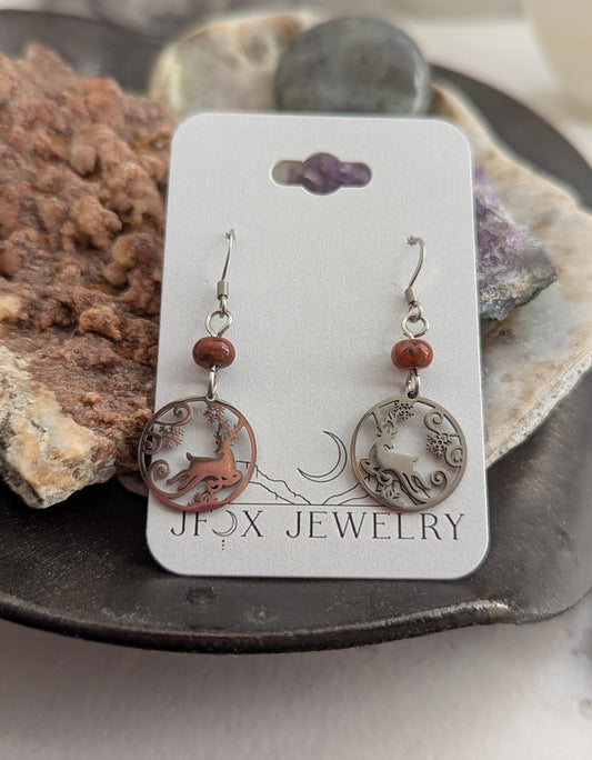 Silver Reindeer Red Jasper Earrings