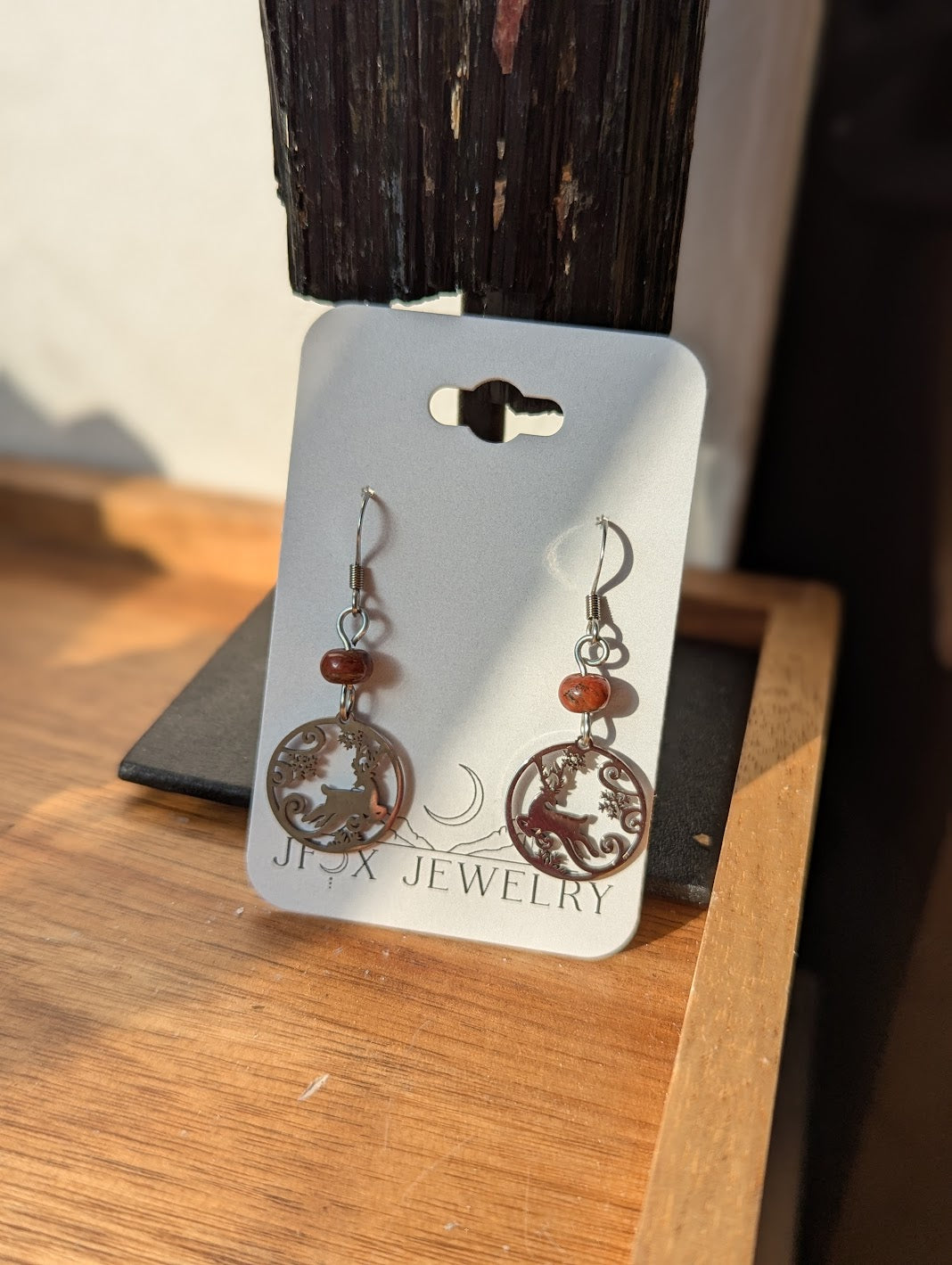 Silver Reindeer Red Jasper Earrings