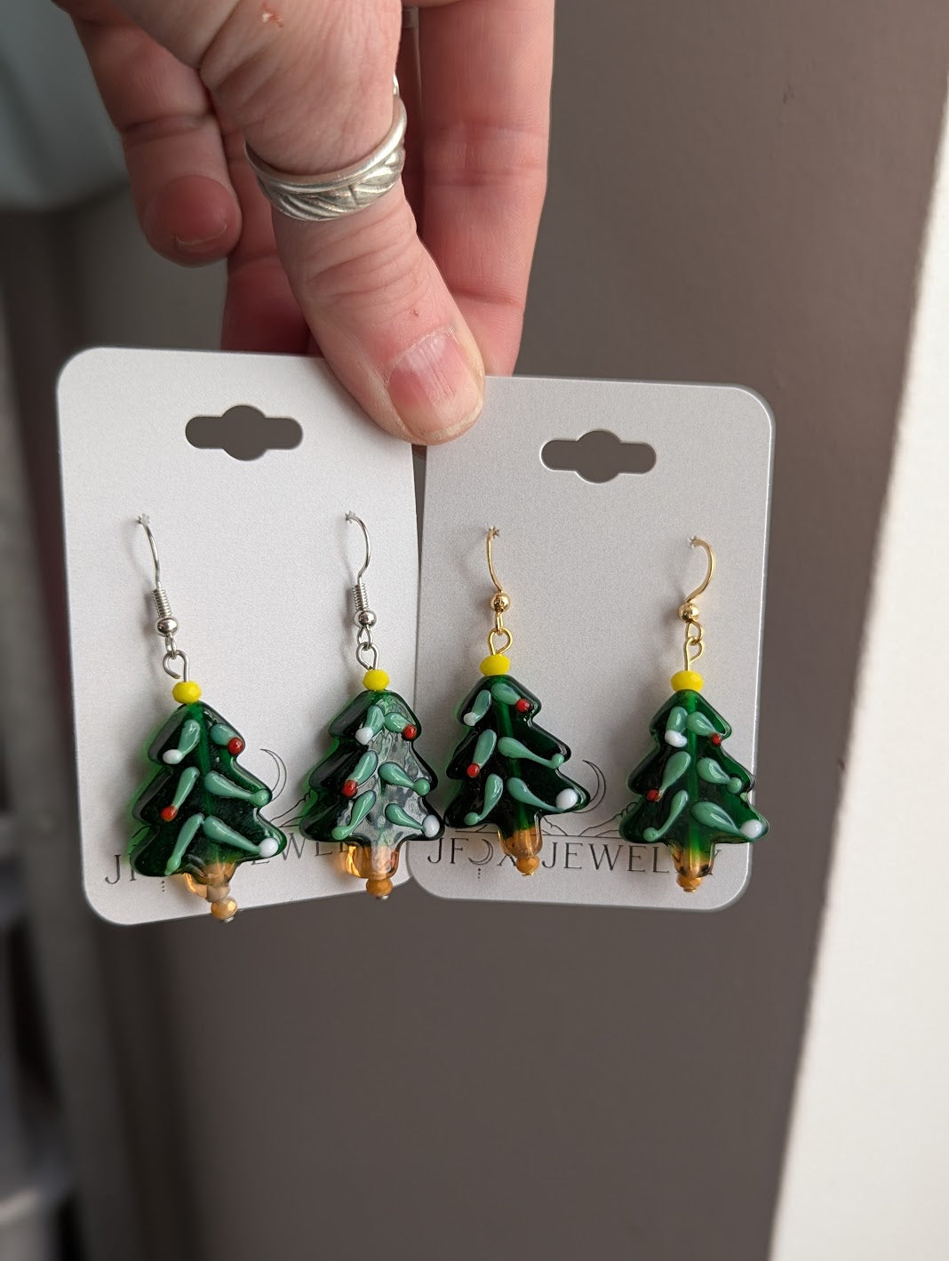 Lampwork Glass Christmas Tree Earrings (Silver or Gold)