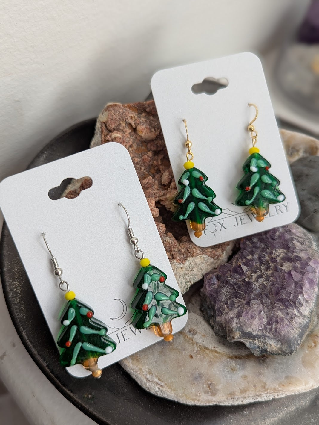 Lampwork Glass Christmas Tree Earrings (Silver or Gold)