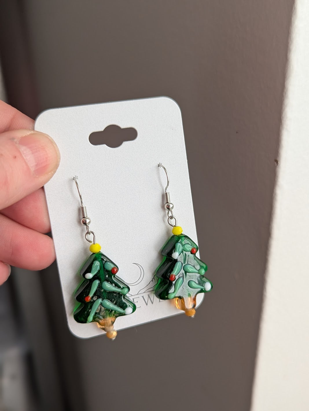 Lampwork Glass Christmas Tree Earrings (Silver or Gold)