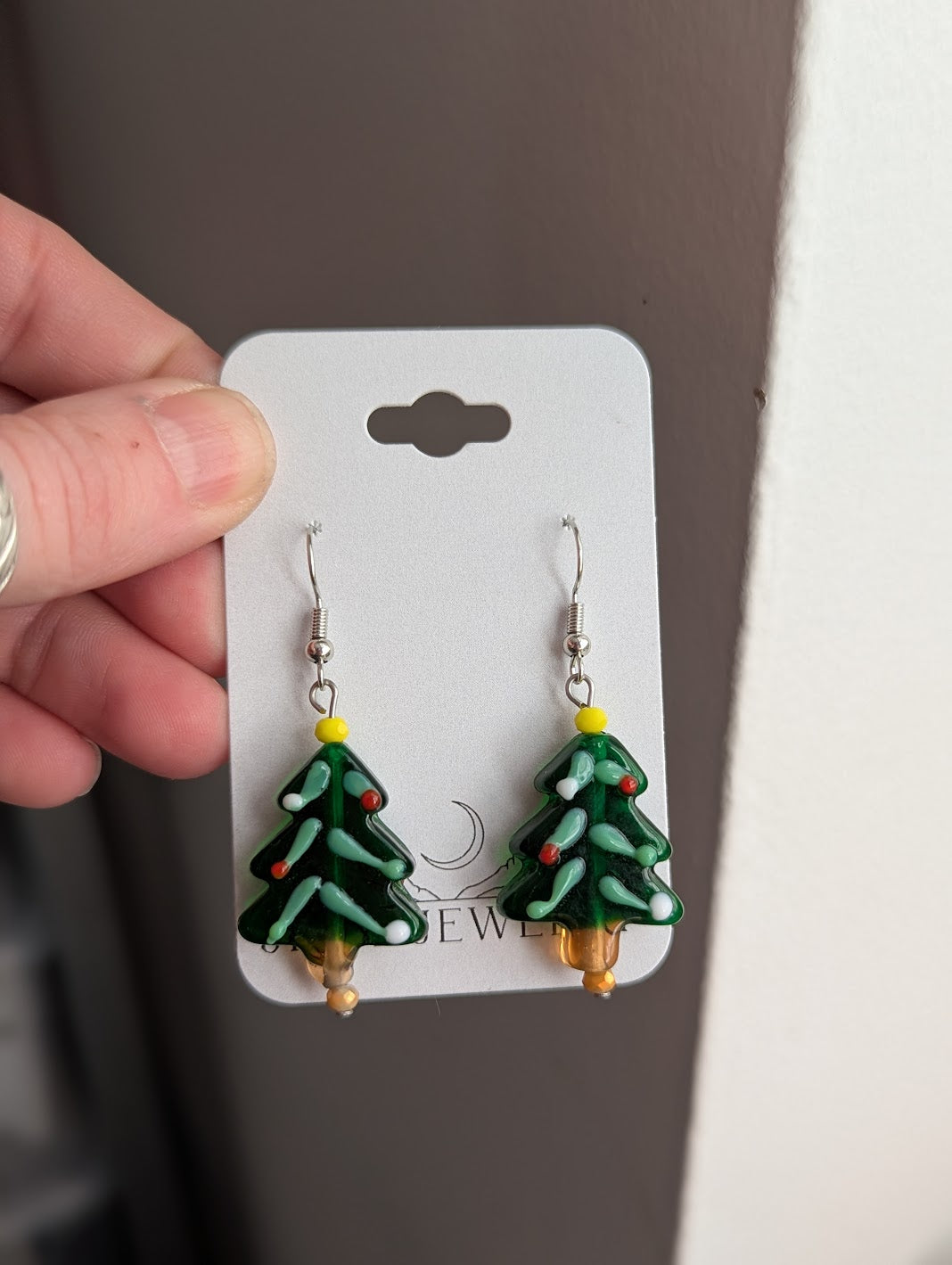 Lampwork Glass Christmas Tree Earrings (Silver or Gold)