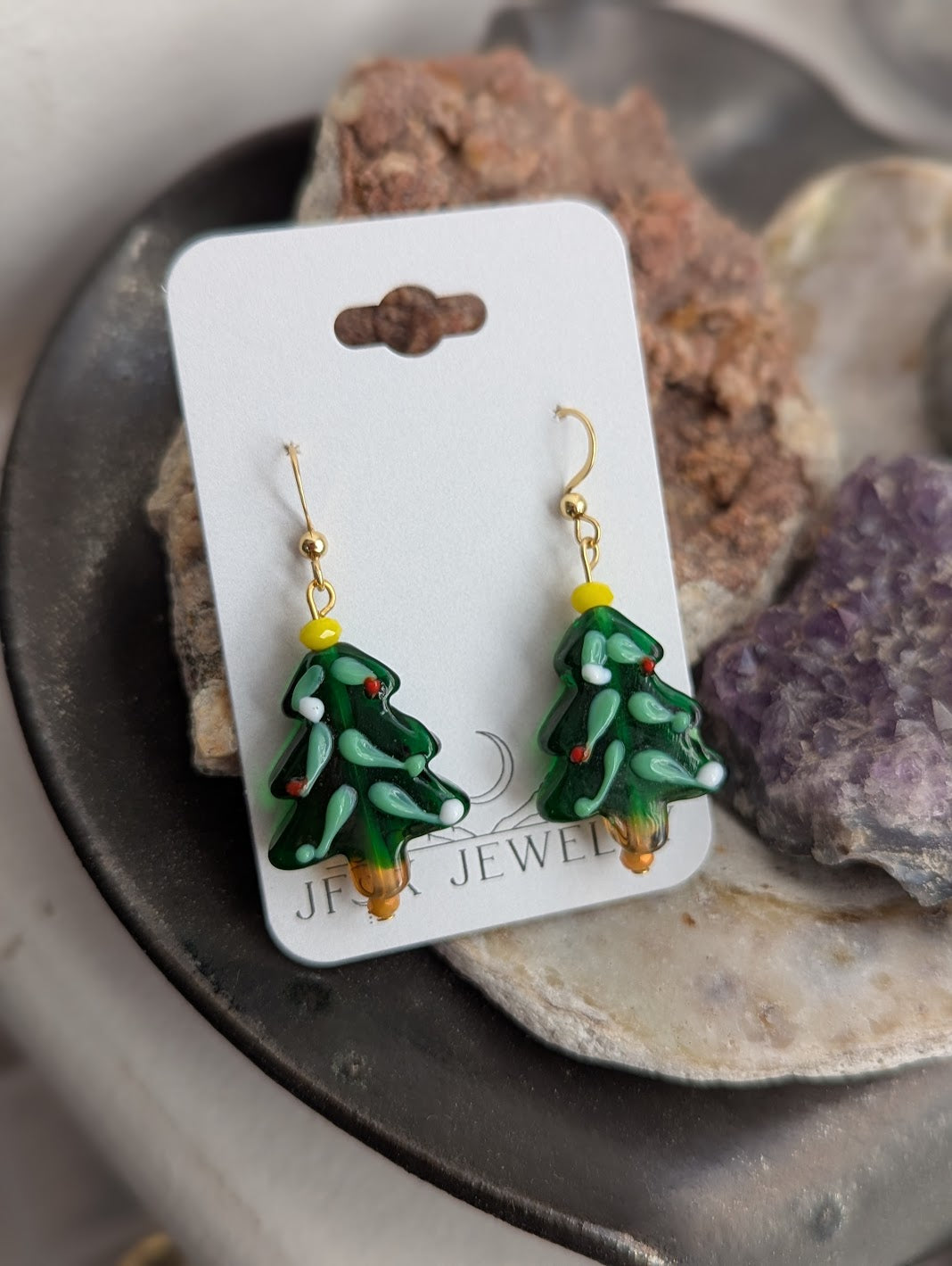 Lampwork Glass Christmas Tree Earrings (Silver or Gold)