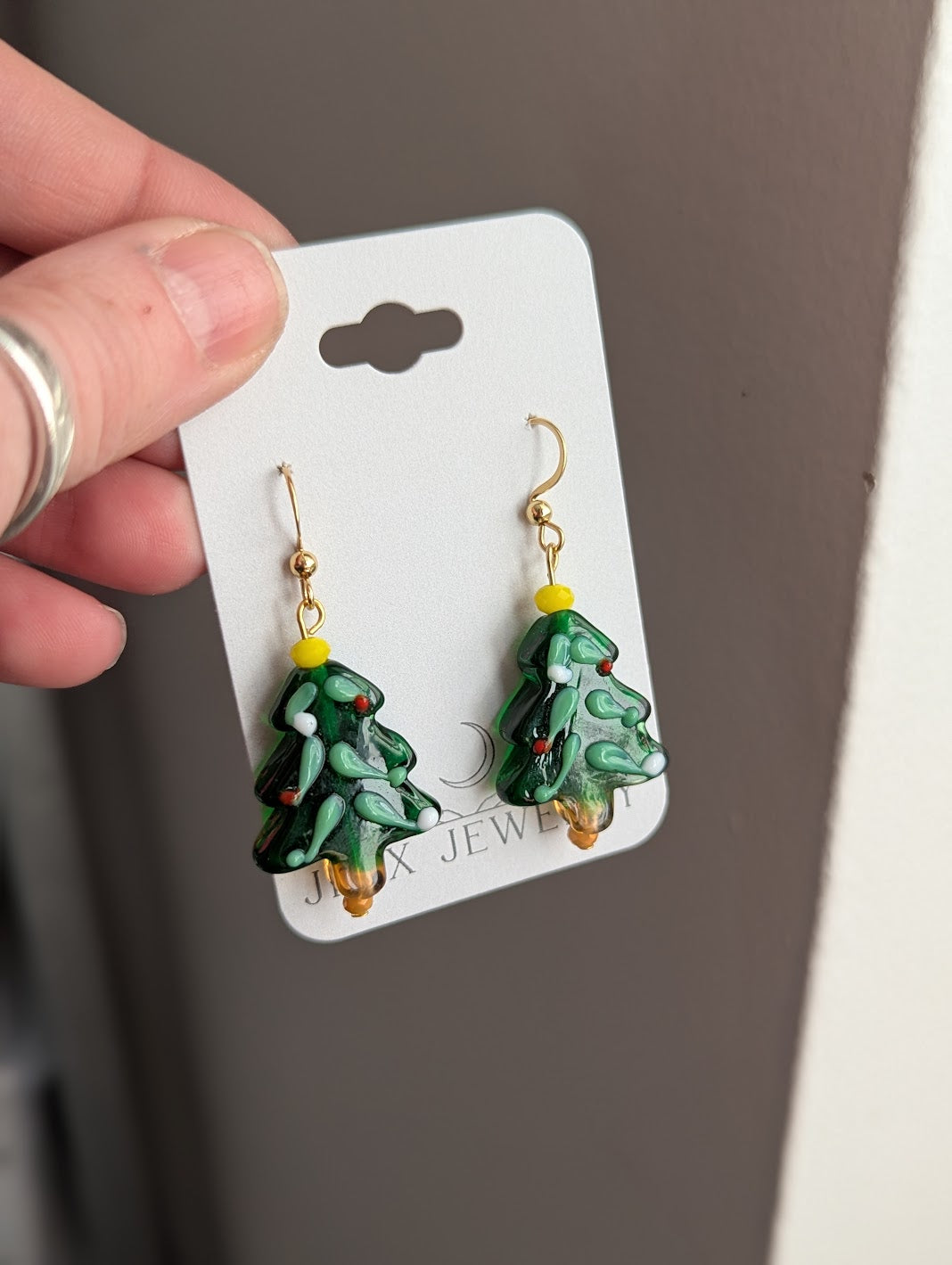 Lampwork Glass Christmas Tree Earrings (Silver or Gold)