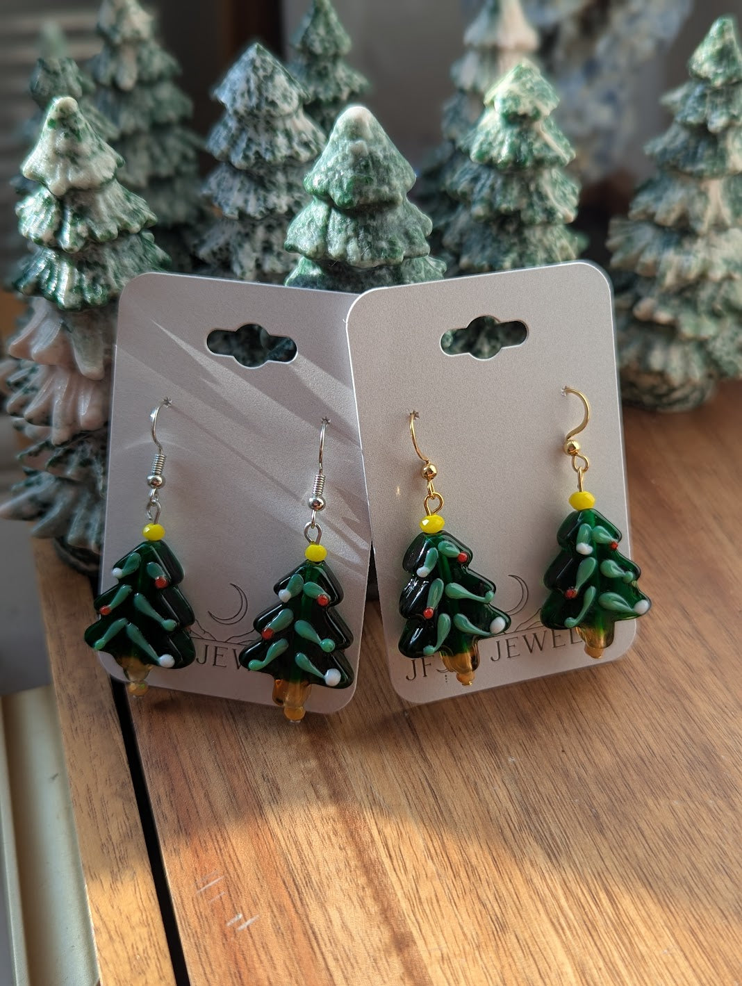 Lampwork Glass Christmas Tree Earrings (Silver or Gold)