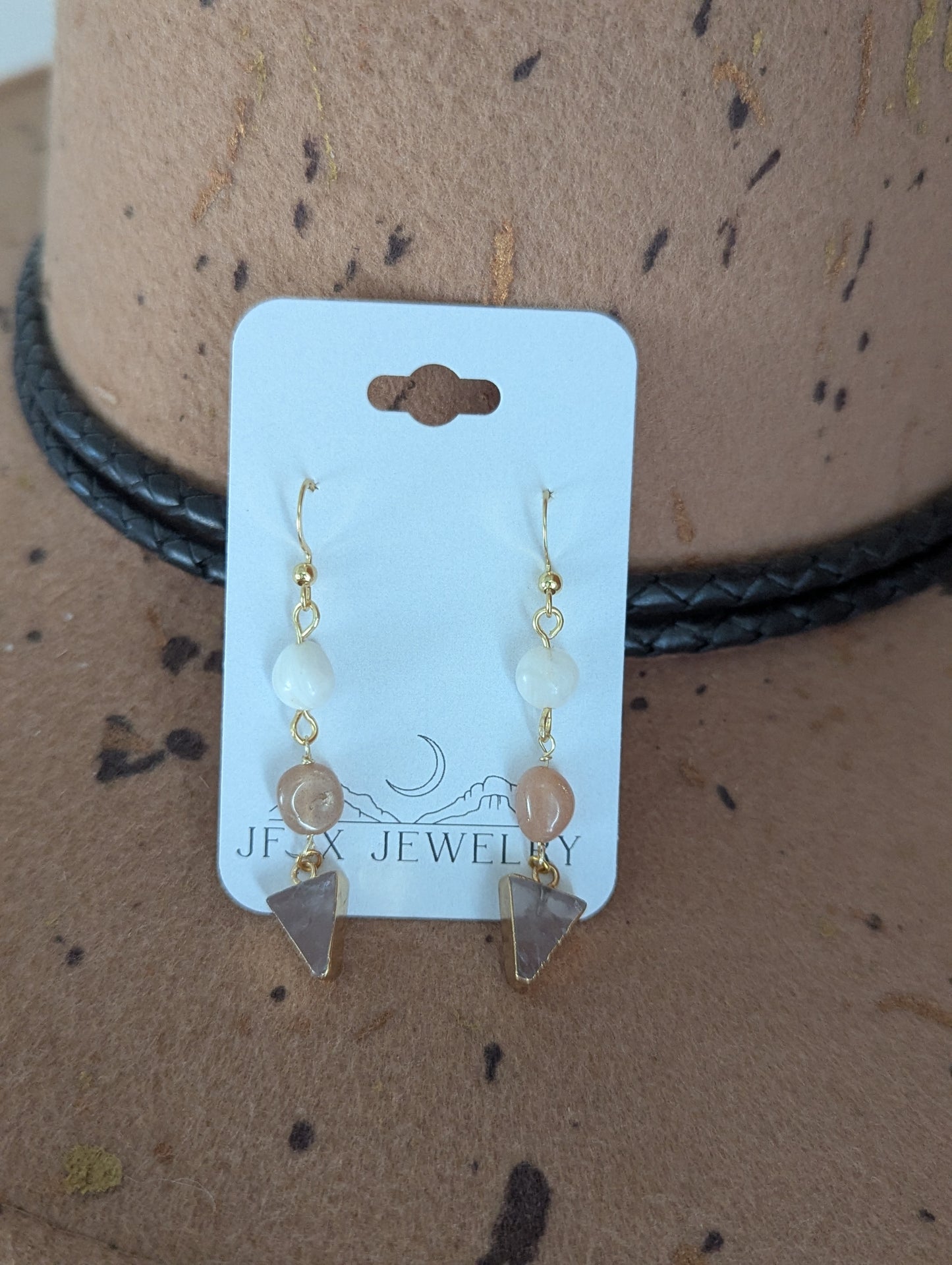 Mixed Moonstone Rose Quartz Gold Earrings